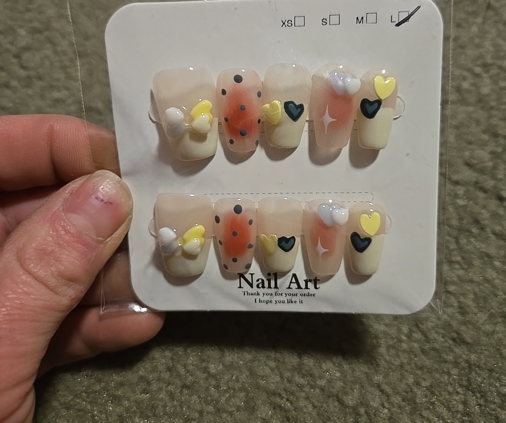 Cute Heart & Polka Dot Press-On Nails in Yellow, Black, Cream